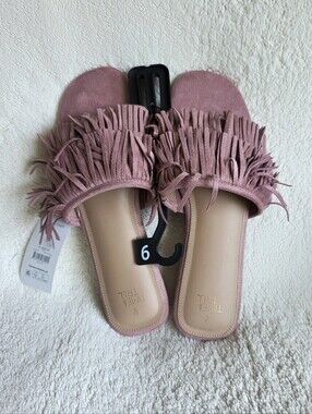 New Time and Tru Women's Boho Fringe Slide Sandals, Summer shoes, size 9